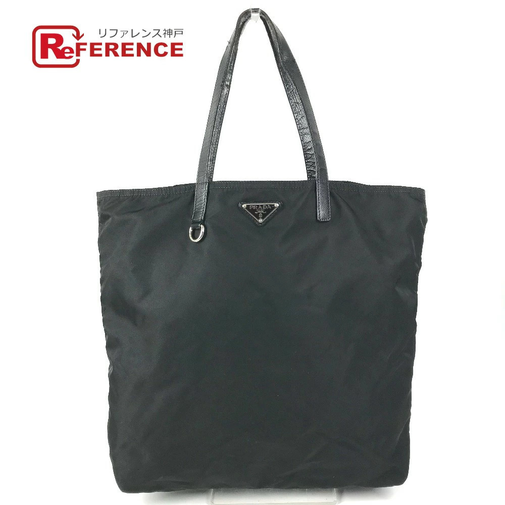PRADA Triangle Logo Plate Bag Tote Shoulder Vertical Leather Black